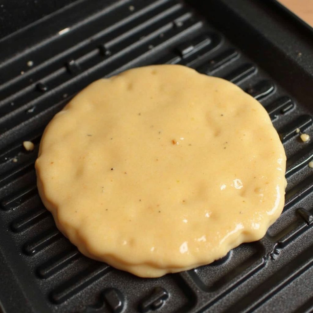 The waffle batter is being cooked on a grill pan,